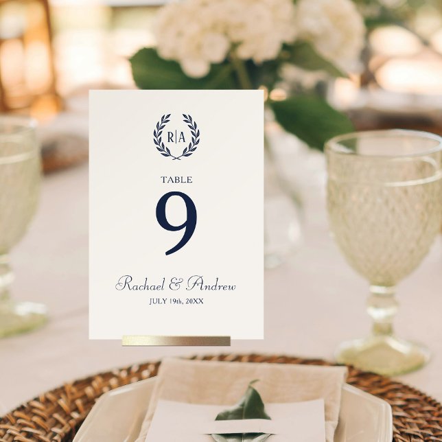 Elegante Hochzeitskranz Monogram Navy Cream Tischnummer (Von Creator hochgeladen)