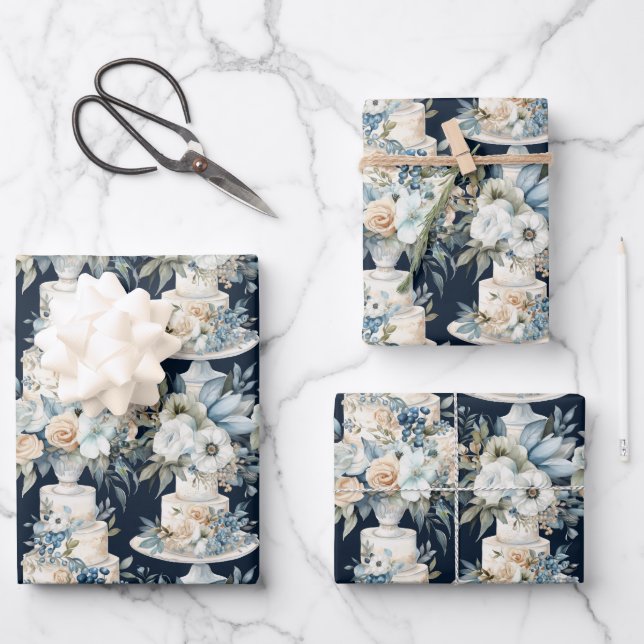 Elegante Hochzeitskuchen und Blume Geschenkpapier Set (Vorderseite)