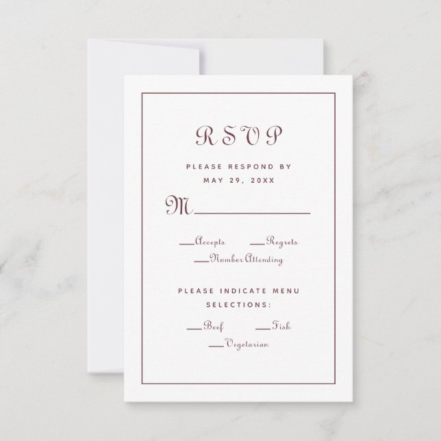 Elegante Hochzeitsmahlzeit Auswahl Burgund RSVP Karte (Vorderseite)