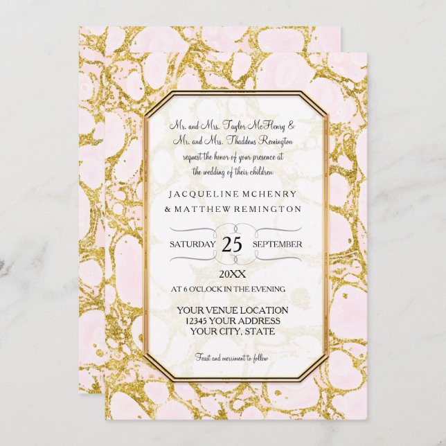 Elegante Hochzeitsmarmorpapier-Rose Gold Einladung (Vorne/Hinten)