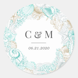 elegante Hochzeitsmonogramm am Meer Runder Aufkleber
