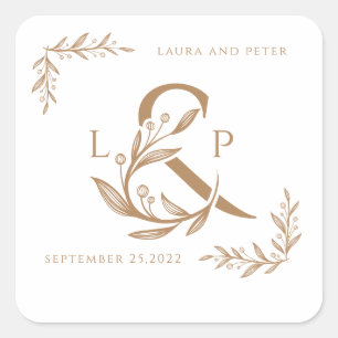 Elegante Hochzeitsmonogramme mit Blumenampersand Quadratischer Aufkleber