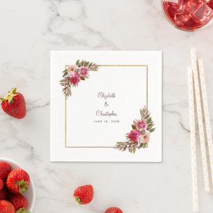 Elegante Hochzeitsnamen Datum Floral Gold Cocktail Serviette