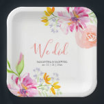 Elegante Hochzeitspapier-Teller Aquarellfarben-Blu Pappteller<br><div class="desc">Die Teller sind mit Aquarellfarben-Blume in Rosa-,  Pfirsich-,  Orange- und Lavendeltönen gestaltet. Die Worte "Wir haben" sind Set in der modernen Schriftzeichen-Typografie. Eine botanische Wahl für Hochzeiten,  ein Probe-Dinner oder ein elopiertes Party. Weitere Designs wie diesen besuchen www.zazzle.com/dotellabelle Einzigartige Aquarellkunst von Victoria Grigaliunas von Do Tell A Belle.</div>