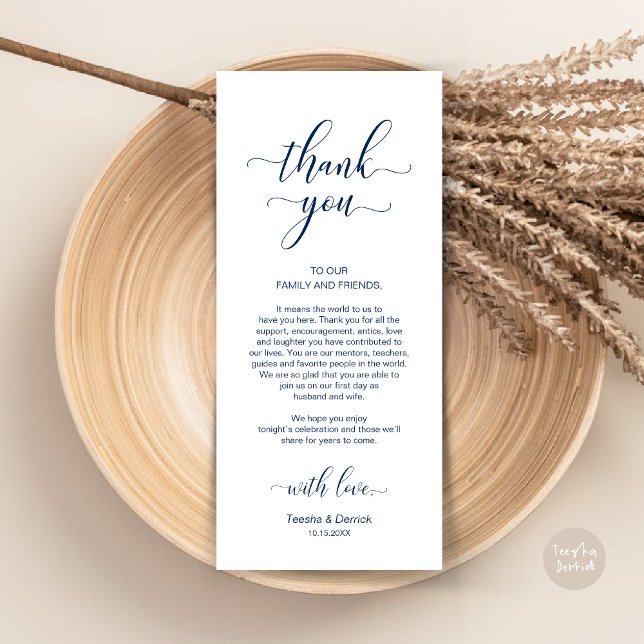Elegante Hochzeitsplatteinstellung Dankeschön Kart Programm (Wedding Dinner Place Setting Thank You Card, in Modern Classy, Navy Blue)
