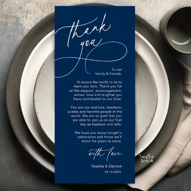 Elegante Hochzeitsplatz-Dankeskarten-Einstellung Programm (Elegant Wedding Place Setting Thank You Card in Navy Blue)