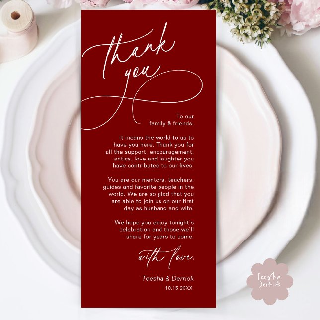 Elegante Hochzeitsplatz-Dankeskarten-Einstellung Programm (Elegant Wedding Place Setting Thank You Card in Burgundy Wine Red)