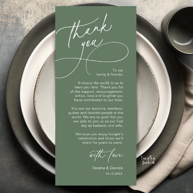 Elegante Hochzeitsplatz-Dankeskarten-Einstellung Programm (Elegant Wedding Place Setting Thank You Card in Sage Green)
