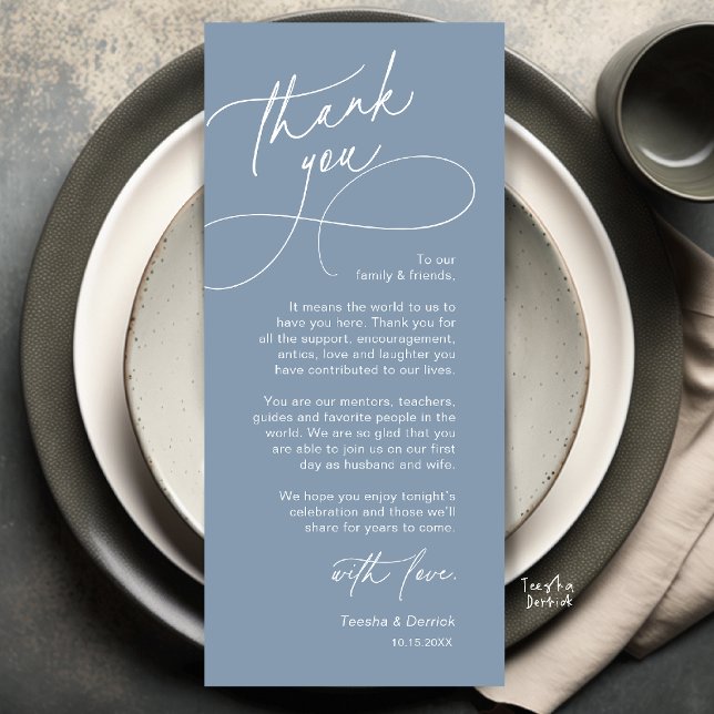 Elegante Hochzeitsplatz-Dankeskarten-Einstellung Programm (Elegant Wedding Place Setting Thank You Card in Dusty Blue)