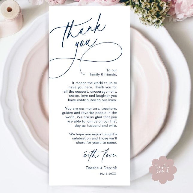 Elegante Hochzeitsplatz-Dankeskarten-Einstellung Programm (Elegant Wedding Place Setting Thank You Card in Navy Blue)