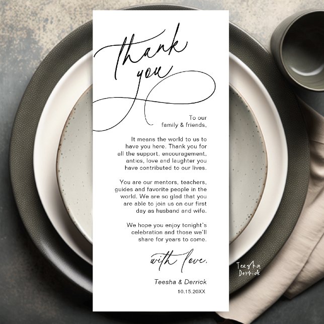 Elegante Hochzeitsplatz-Dankeskarten-Einstellung Programm (Elegant Wedding Place Setting Thank You Card in Black and white)