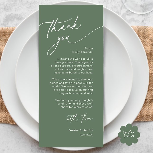 Elegante Hochzeitsplatz-Dankeskarten-Einstellung Programm (Elegant Wedding Place Setting Dinner Thank You Card in Sage Green)