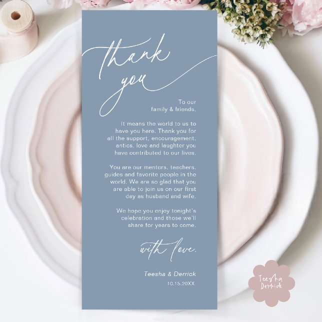 Elegante Hochzeitsplatz-Dankeskarten-Einstellung Programm (Elegant Wedding Place Setting Thank You Card in Dusty Blue)