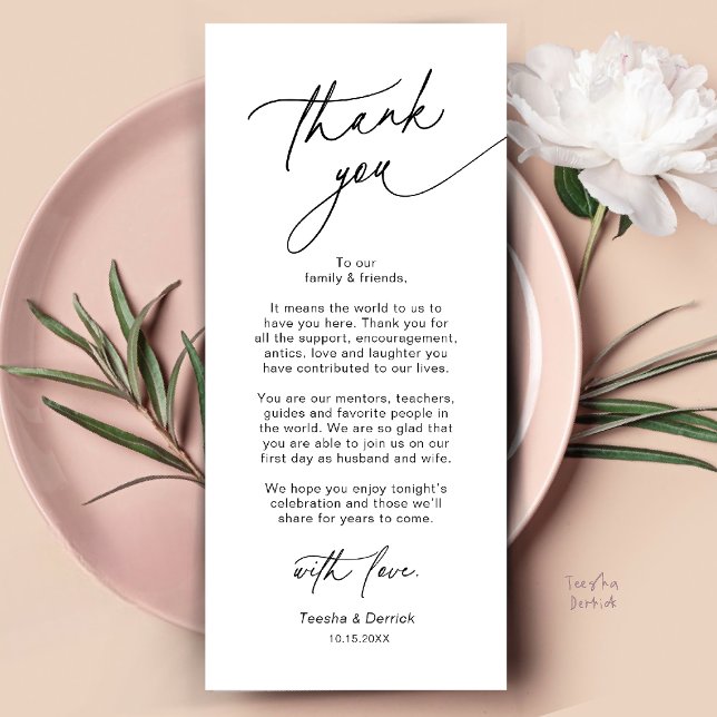 Elegante Hochzeitsplatz-Dankeskarten-Einstellung Programm (Elegant Wedding Place Setting Dinner Thank You Card in Black and White)