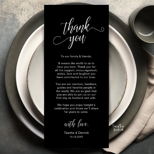 Elegante Hochzeitsplatz-Dankeskarten-Einstellung Programm (Elegant Wedding Place Setting Thank You Card in Black and White)
