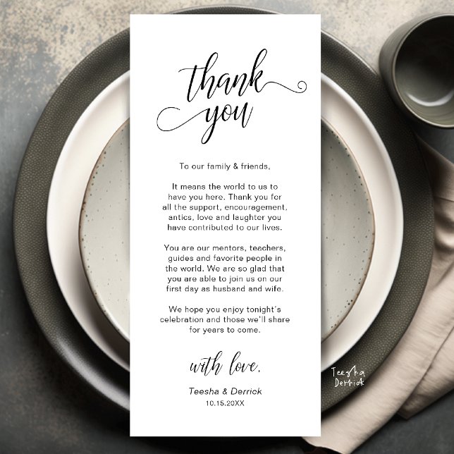 Elegante Hochzeitsplatz-Dankeskarten-Einstellung Programm (Elegant Wedding Place Setting Thank You Card in black and White)