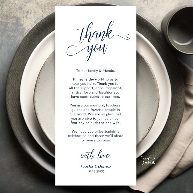 Elegante Hochzeitsplatz-Dankeskarten-Einstellung Programm (Elegant Wedding Place Setting Thank You Card in Navy Blue)