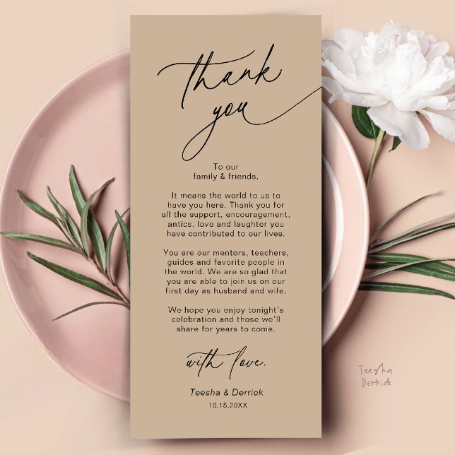 Elegante Hochzeitsplatz-Dankeskarten-Set Programm (Elegant Wedding Place Setting Dinner Thank You Card in Tan Brown)