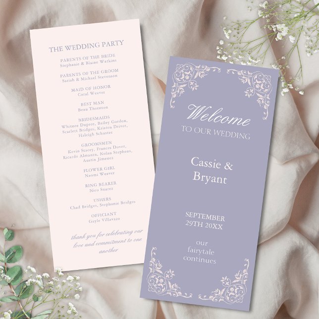 Elegante Hochzeitsprogramme mit Chic-Lila-Rahmen (elegant purple and blush pink wedding programs with vintage chic victorian border for regency era)