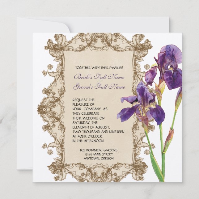 Elegante Hochzeitsreise - Lila Iris Einladung (Vorderseite)