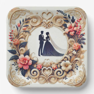 Elegante Hochzeitssilhouette gerahmt Pappteller