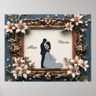 Elegante Hochzeitssilhouette im verzierten Rahmenp Poster