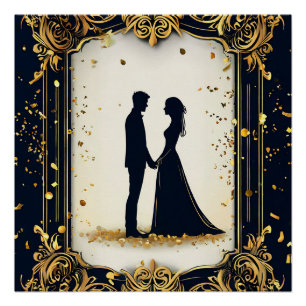 Elegante Hochzeitssilhouette mit aufwendigem golde Poster