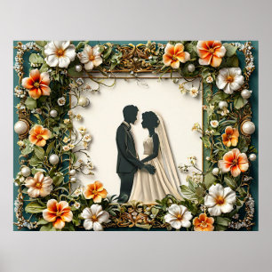 Elegante Hochzeitssilhouette mit floralem Rahmen-D Poster