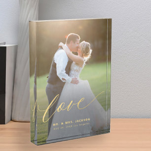 Elegante Hochzeitsskripte Liebe Goldschrift Mr. un Fotoblock