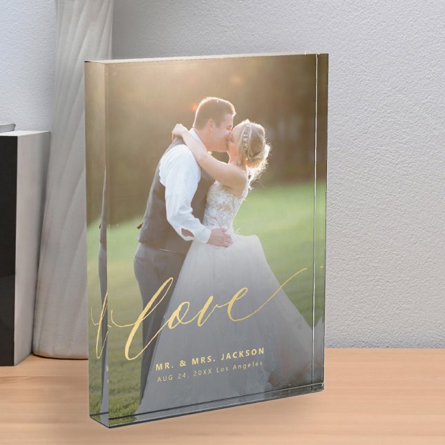 Elegante Hochzeitsskripte Liebe Goldschrift Mr. un Fotoblock (Von Creator hochgeladen)
