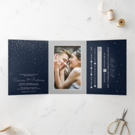 Elegante Hochzeitssuite für Navy & Silver Falling Dreifach Gefaltete Einladung