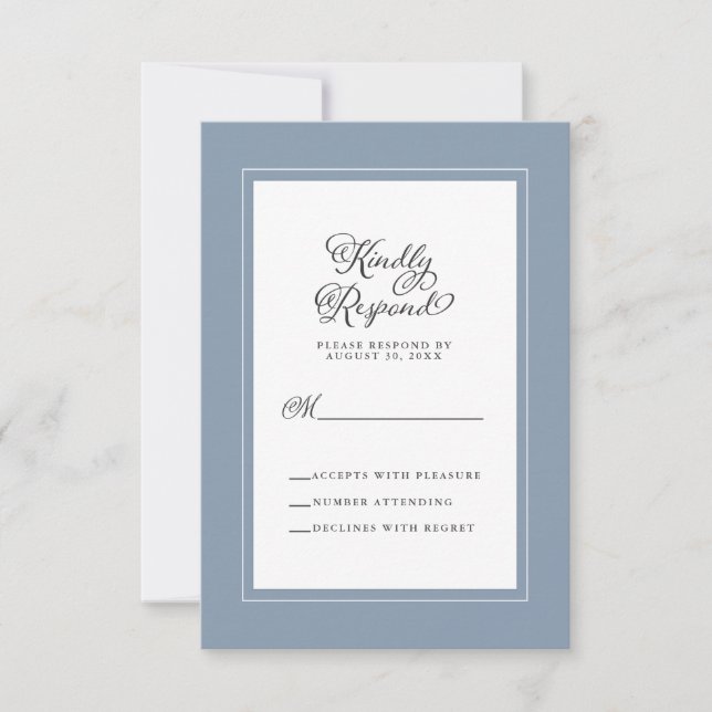 Elegante Hochzeitsszenario Dusty Blau und Weiß RSVP Karte (Vorderseite)