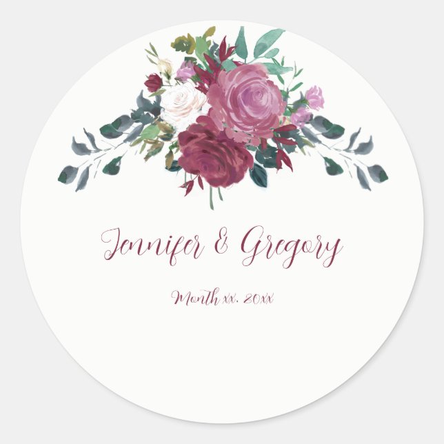 Elegante Hochzeitsticker Cranberry-Blume Runder Aufkleber (Vorderseite)