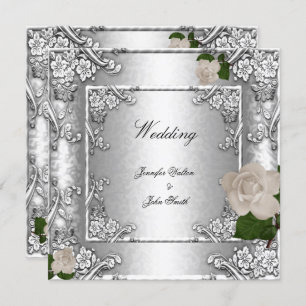Elegante Hochzeitstil-Rose Silber White 2 Einladung