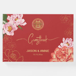 Elegante Hochzeitswillkommen in Red Peony Chinese Gästebuch
