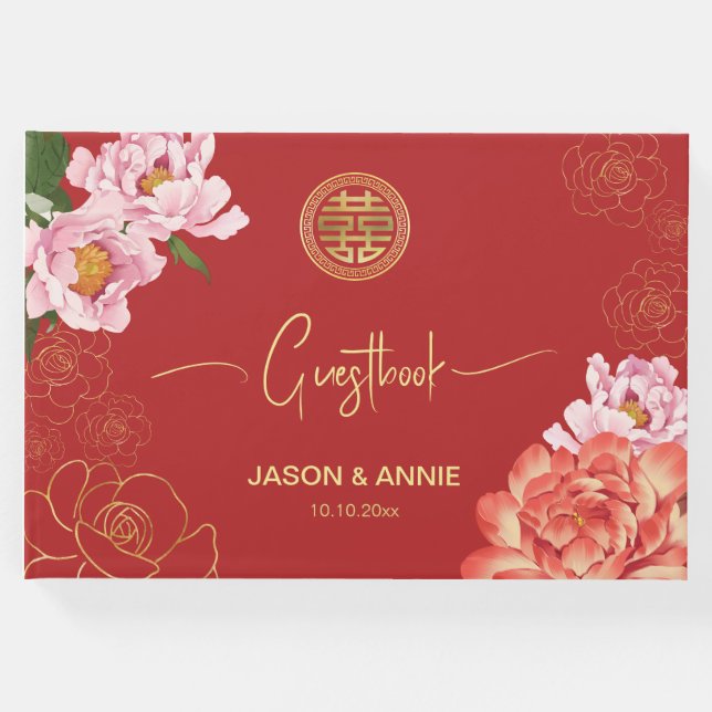 Elegante Hochzeitswillkommen in Red Peony Chinese Gästebuch (Vorderseite)