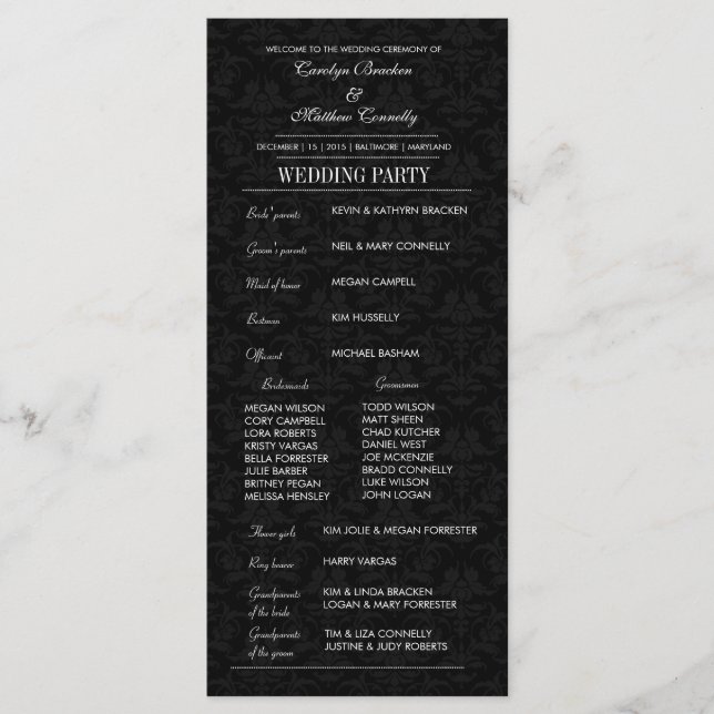 Elegante Hochzeitszeremonie Programm Black Damask  (Vorderseite)