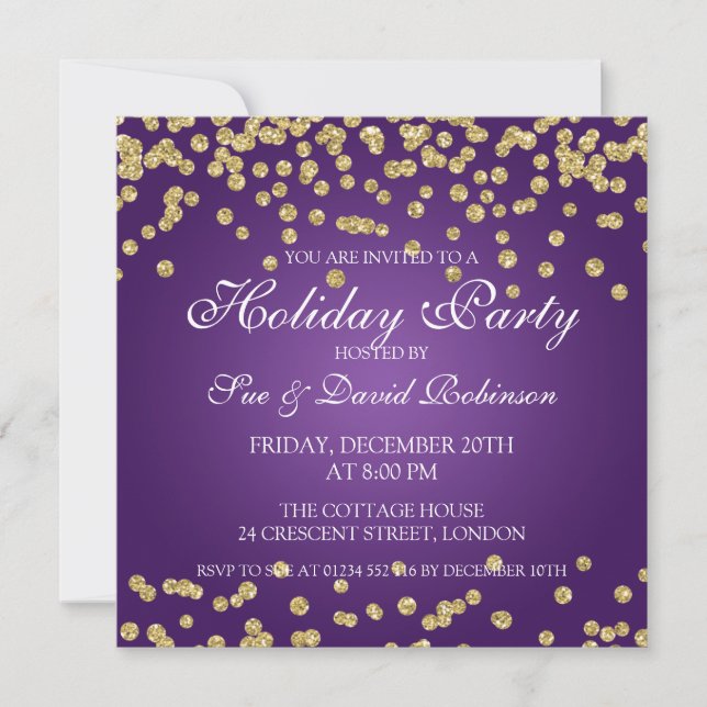 Elegante Holiday Party Gold Glitzer Confetti Lila Einladung (Vorderseite)