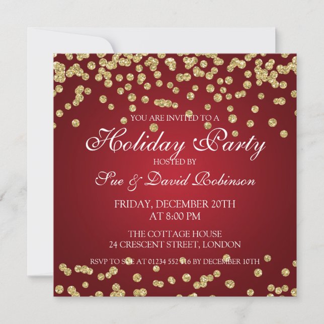 Elegante Holiday Party Gold Glitzer Confetti Rot Einladung (Vorderseite)