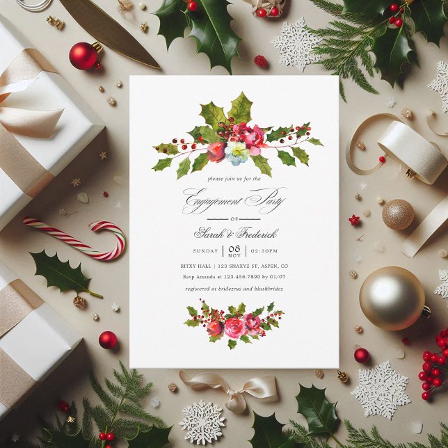 Elegante Holly and Ivy Weihnachtsbindungsparty Einladung (Christmas Engagement Party Holly and Ivy Invite)