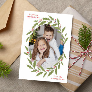 Elegante Holly Berry Oval Kranz 3 Foto Feiertagskarte