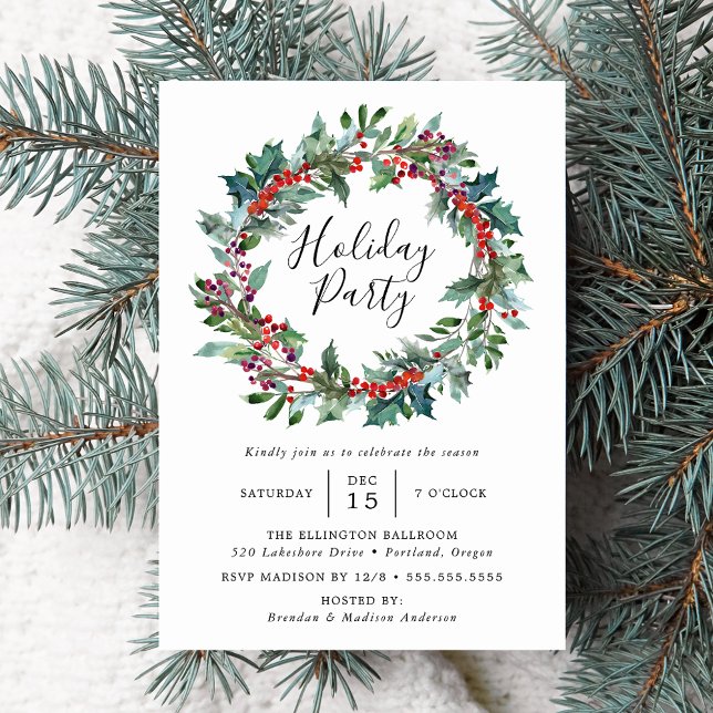 Elegante Holly Berry Wreath Holiday Party Einladung (Von Creator hochgeladen)