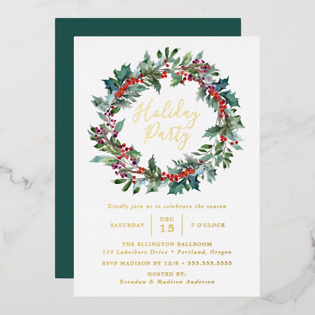 Elegante Holly Berry Wreath Holiday Party Folieneinladung (Vorderseite/Rückseite)