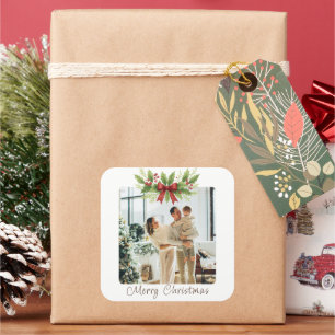 Elegante Holly- und roter Schleifen-Weihnachten - Quadratischer Aufkleber