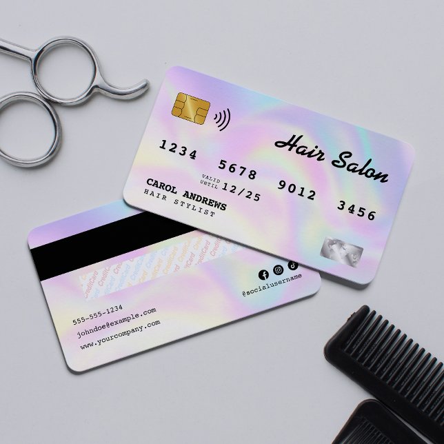 Elegante Holographic Hair Salon Credit Card Visitenkarte (Von Creator hochgeladen)
