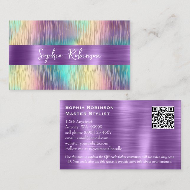 Elegante Holographic & Lila Metal Business Card Rabattkarte (Vorne/Hinten)