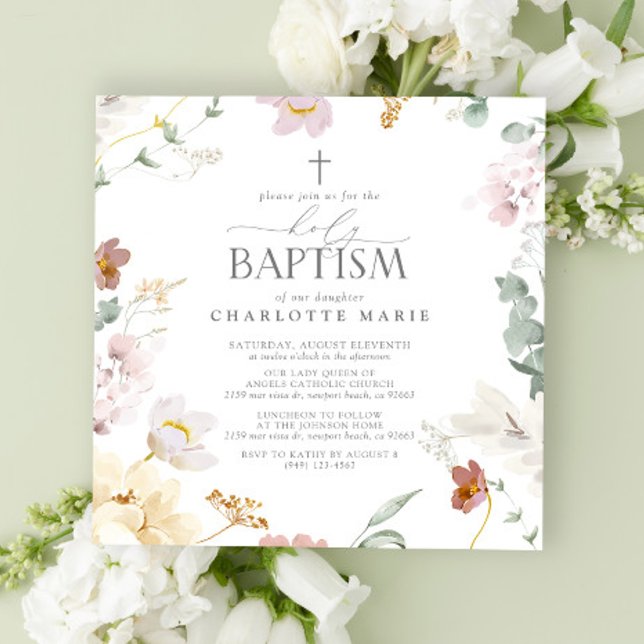 Elegante Holy Baptism Blush Pink Wasserfarbe Blume Einladung (Holy Baptism Invitation!)