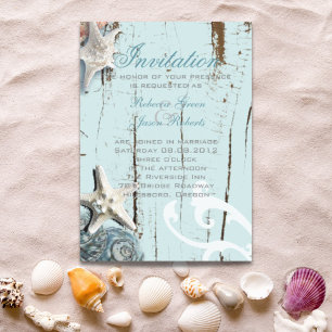 Elegante Holzblaue Muscheln Strandhochzeit Magneteinladung