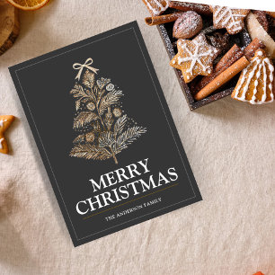 Elegante Holzkohle und Gold Weihnachtsbaum Custom Feiertagskarte