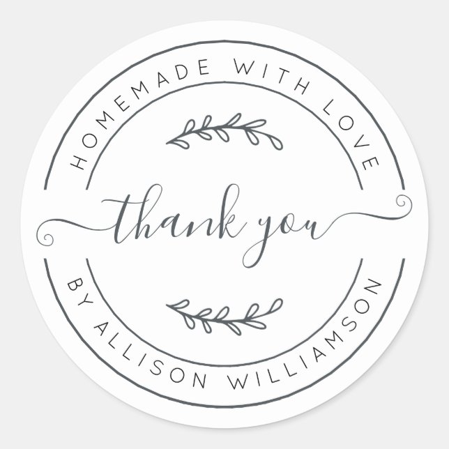Elegante Homemade mit Liebe Schwarz-weiß Danke Runder Aufkleber (Vorderseite)